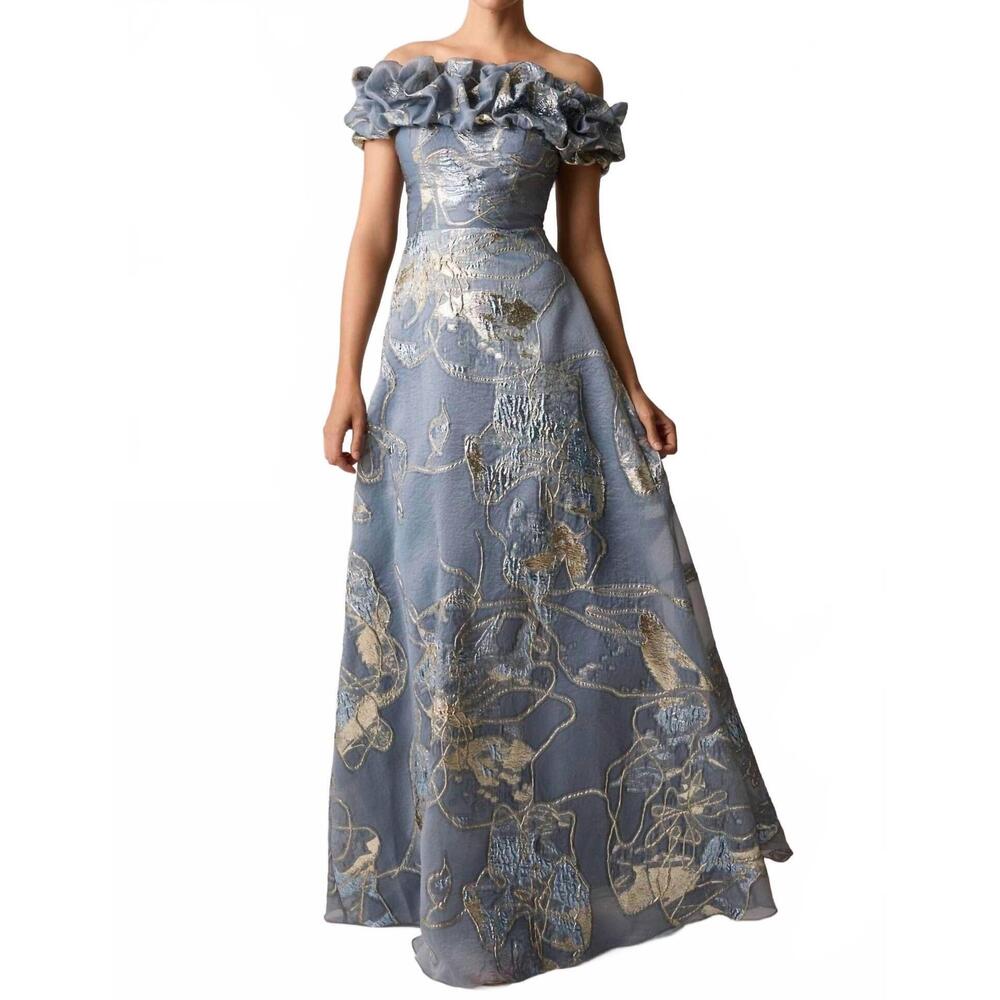 NEW TERI JON jacquard scrunch neckline off shoulder gown in pewter multi - Picture 4 of 4